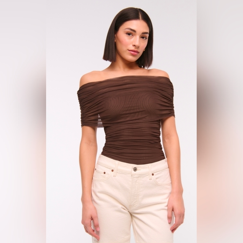 NWT Abercrombie Mesh Foldover Elegant Off-Shoulder Brown Top